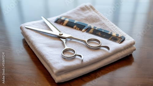 Stainless steel scissors and a patterned comb rest elegantly on a neatly folded white towel atop a wooden surface.