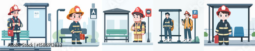 firefighter character vector waiting at bus stop