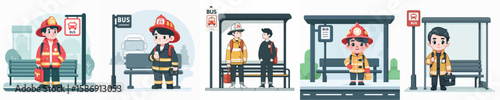 firefighter character vector waiting at bus stop