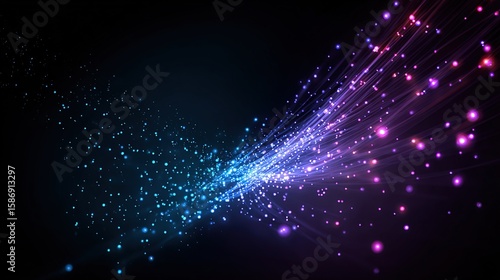 Abstract streams of blue/pink light points diverging against a black background