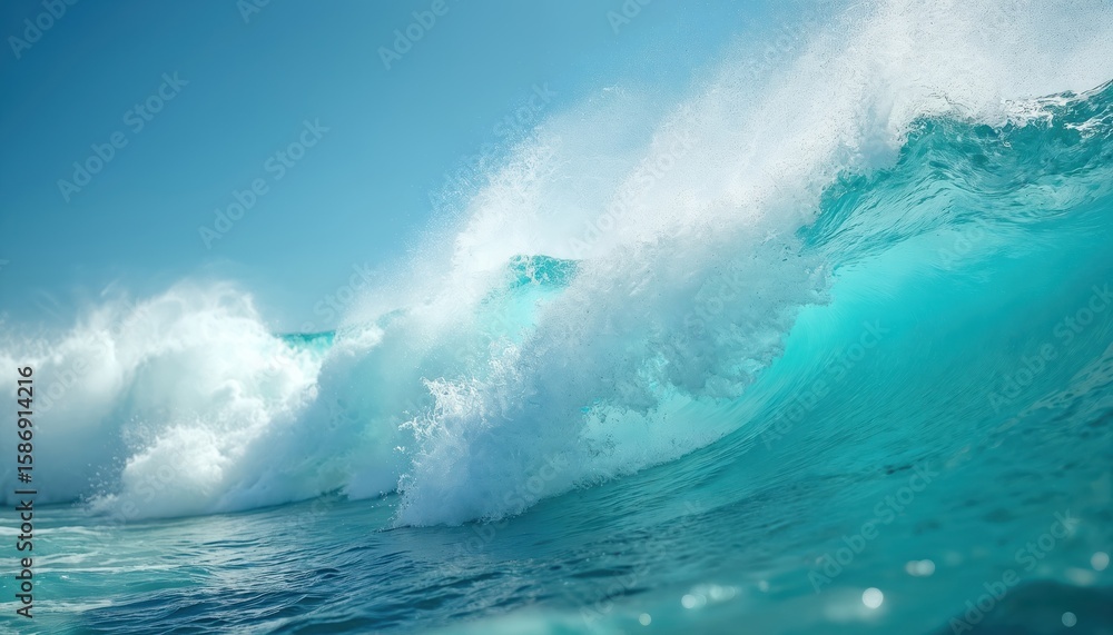 Obraz premium Pure turquoise blue ocean water with foamy waves crashing. Texture, movement of sea captured in close-up. Dynamic refreshing liquid with clear water, marine life feel. Tropical paradise, summer beach
