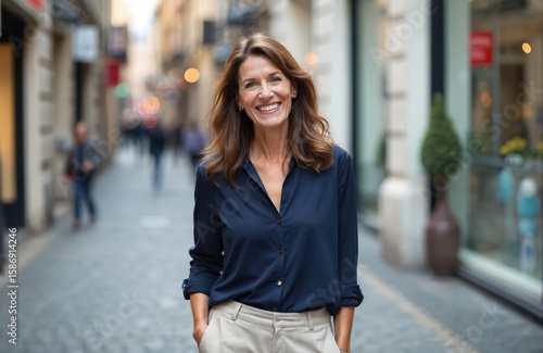 Fototapeta Naklejka Na Ścianę i Meble -  Mature happy woman with brown hair smiles in city street wearing navy blue shirt, beige pants. Casual attire, urban lifestyle. She looks confident, joyful, embracing modern, elegant look outdoors.
