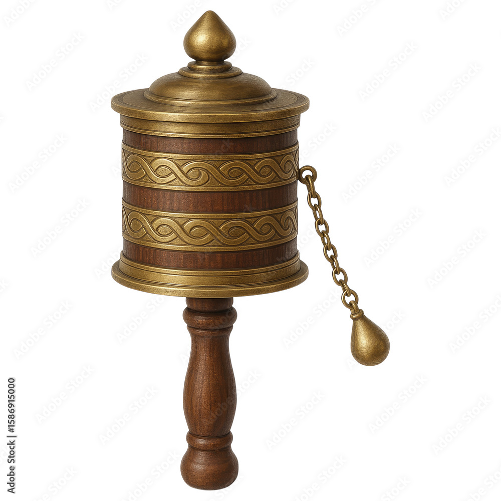 Antique Tibetan prayer wheel crafted from dark wood ornate brass intricate decorative bands a weighted chain Antique Tibetan prayer wheel crafted from dark wood ornate brass intricate decorative bands a weighted chain