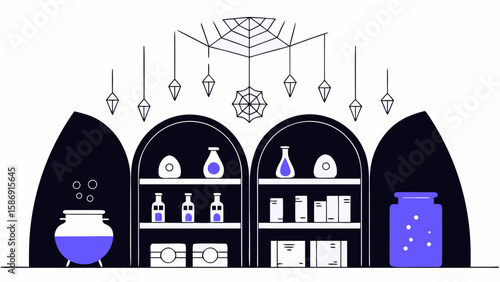 A spooky room with shelves of potions and a cauldron isolated on white background