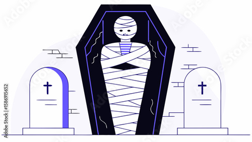 A spooky mummy in a coffin with tombstones isolated on white background