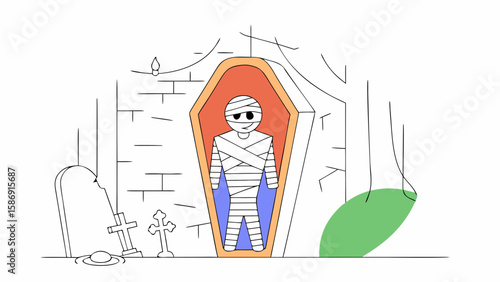 A mummy in a coffin with tombstones isolated on white background