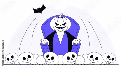A pumpkin king sits on a throne surrounded by skulls and a bat
