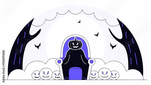A pumpkin king sits on a throne surrounded by skulls and bats
