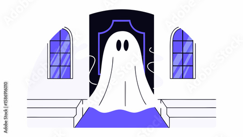 A spooky ghost floats down a hallway isolated on white background