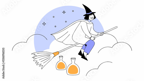 A happy witch flying on a broomstick with potions