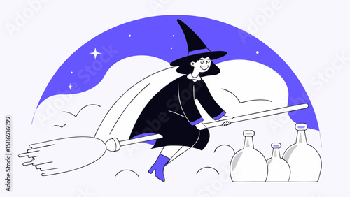 A witch flying on a broomstick with potions in the night sky