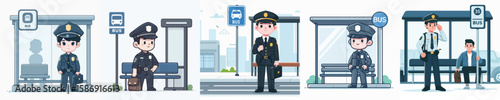 police character vector waiting at bus stop