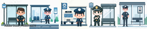 police character vector waiting at bus stop