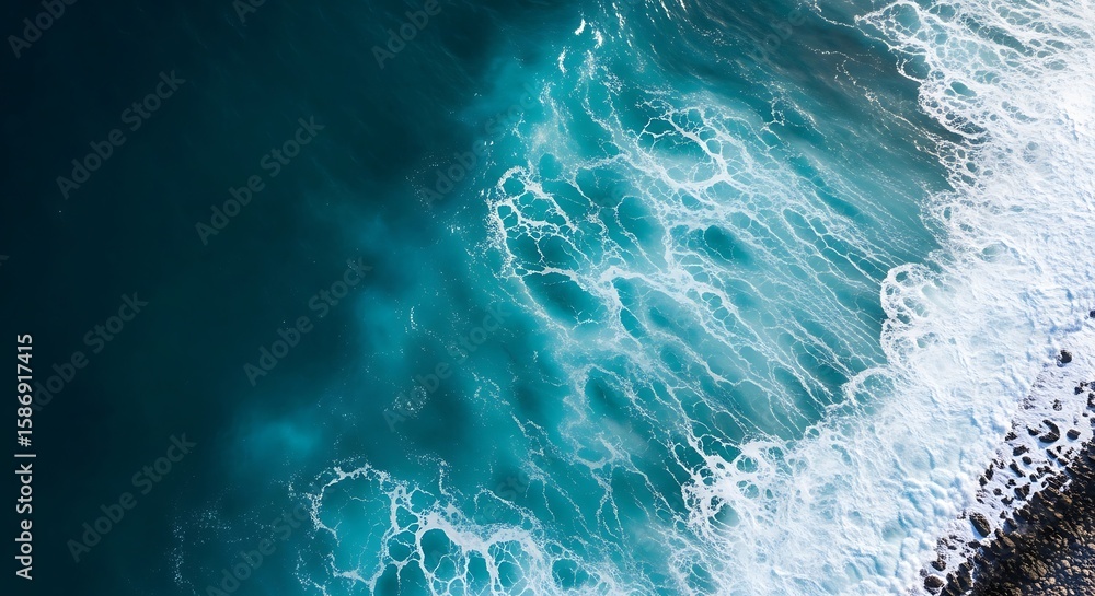 Fototapeta premium Aerial view of blue ocean waves crashing onto a rocky shore