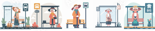 vector of grandmother waiting at the bus stop
