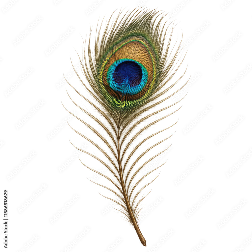 Obraz premium Single vibrant peacock feather showcasing its iridescent blue green gold eye pattern on a transparent background