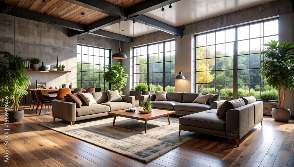 Fototapeta premium Modern loft living room with large windows