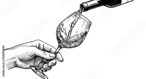 Wine Pouring into Glass in Hand – Hand Drawn doodle Ink Sketch black and white illustration vector, Engraving Style or Woodcut SVG