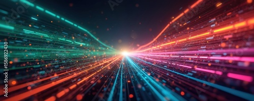 Abstract background illustration of colorful flowing lines representing communication technology. Vibrant neon light streaks in green, blue, red, pink create dynamic digital pattern suggesting