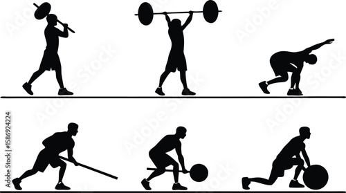 Athletic silhouettes demonstrating weightlifting and exercise movements fitness strength training