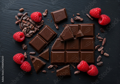 Dark Chocolate Bar with Fresh Raspberries and Mint
