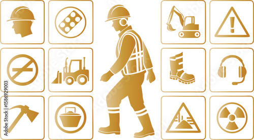 Construction worker safety and warning signs hard hat vest