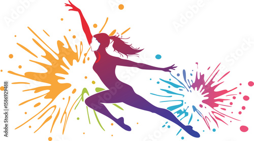 Dancer leaping with colorful paint splashes silhouette jumping