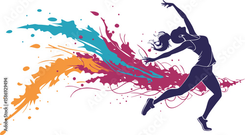 Dancer silhouette with colorful abstract paint splashes vector