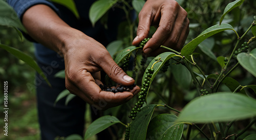 Fototapeta Naklejka Na Ścianę i Meble -  Close-up of hands harvesting fresh green and black peppercorns from a vibrant plant, showcasing spice cultivation.