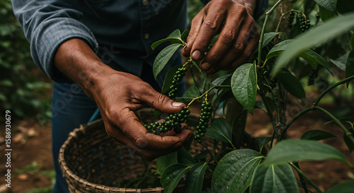 Fototapeta Naklejka Na Ścianę i Meble -  Close-up of hands harvesting fresh green peppercorns from a plant, collecting spices in a woven basket on a farm