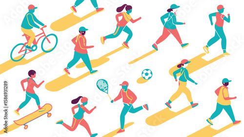 Diverse people engaged in various sports and activities running cycling