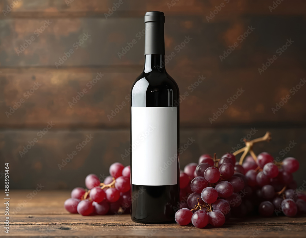 Obraz premium Dark glass wine bottle with blank label stands on rustic wooden table beside fresh red grapes. Classic still life composition with aged beverage ingredient for tasting, dining, or kitchen preparation.