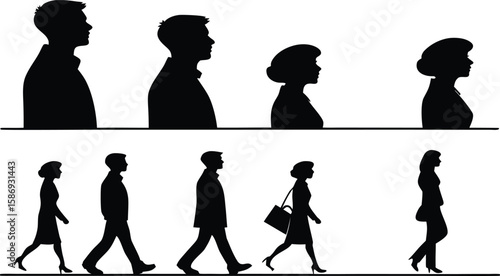 Diverse people silhouettes walking and standing women