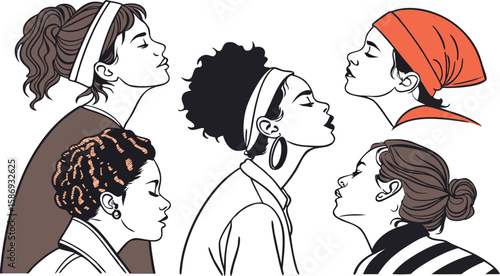 Diverse women profiles with varied hairstyles and headwear vector