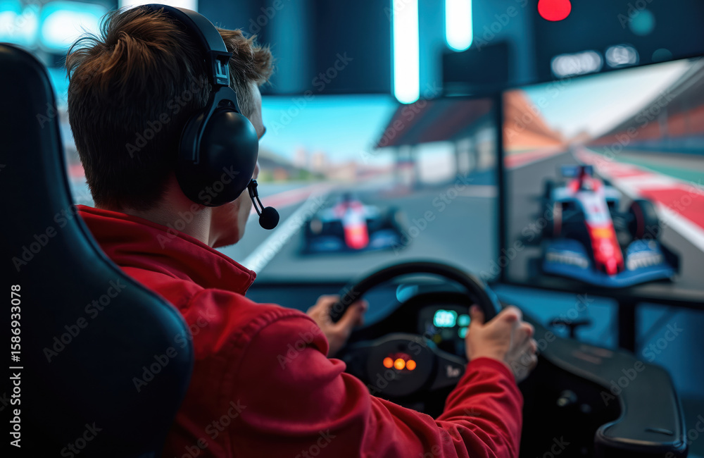 Obraz premium Man wearing headphones focuses intensely on racing simulation game displayed on multiple monitors. Grips steering wheel, engrossed in high-speed virtual competition. Technology drives fast-paced