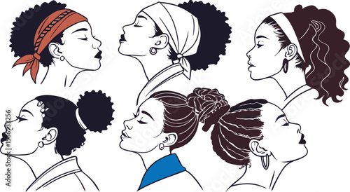 Diverse women with various hairstyles and head coverings afro