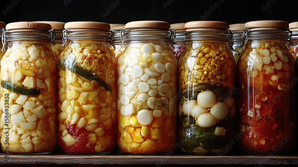 Various beautifully canned and preserved vegetables arranged on a wooden surface showcase Various beautifully canned and preserved vegetables arranged on a wooden surface showcase