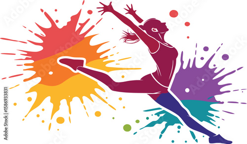 Energetic dancer leaping through colorful paint splashes jumping active