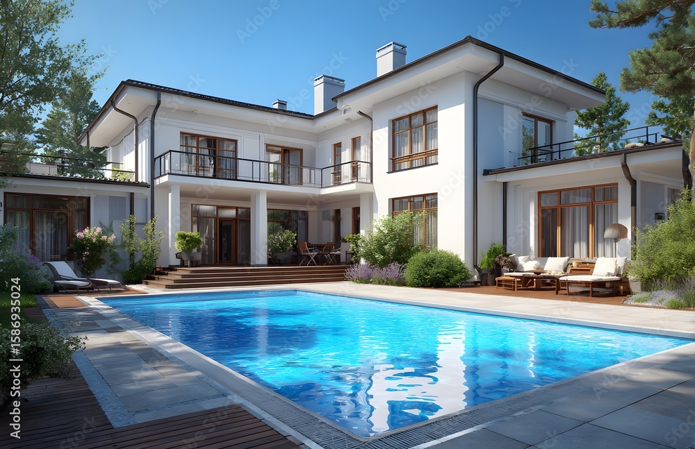 Fototapeta premium Luxurious house with a swimming pool in a landscaped garden.