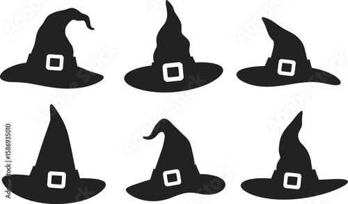 Six black witch hats with white buckles vector