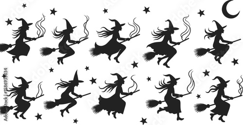 Silhouette witches flying on broomsticks with stars and moon halloween