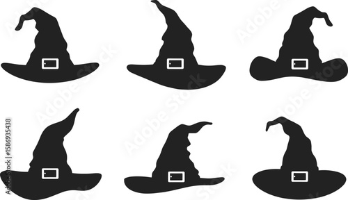 Six black witch hats with white buckles halloween silhouette