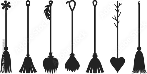 Various broom silhouettes with decorative handles black white