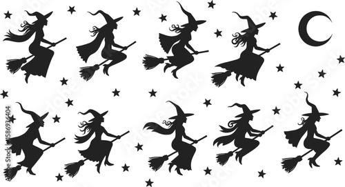 Witches flying broomsticks with moon and stars vector