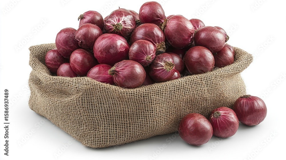 Obraz premium A Burlap Sack Filled with Fresh Red Onions, Creating a Rustic and Healthy Food Still Life