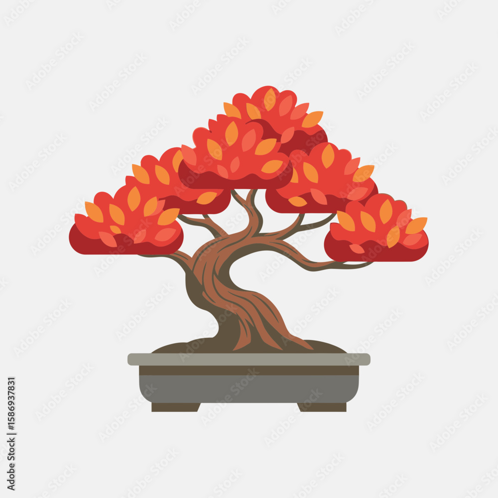 Fototapeta premium Bonsai tree with red leaves in a gray pot against a white background.