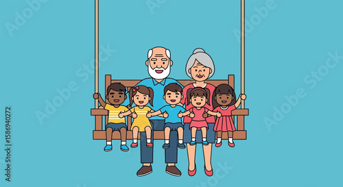 Grandparents with Grandchildren on Swing Cartoon