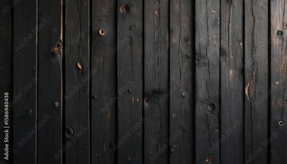 Fototapeta premium Dark charred wooden planks feature a rustic, aged texture with visible grain and knots. Vertical lines and patterns create a vintage timber surface, showing weathered natural wood detail.