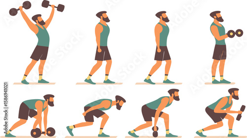 Man exercising with dumbbells in various poses fitness workout