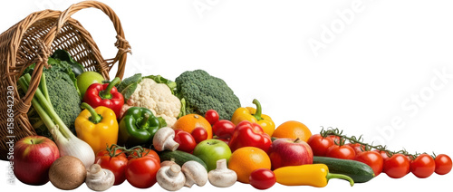 Abundant assortment of fresh vegetables and fruits spilling from wicker basket isolate